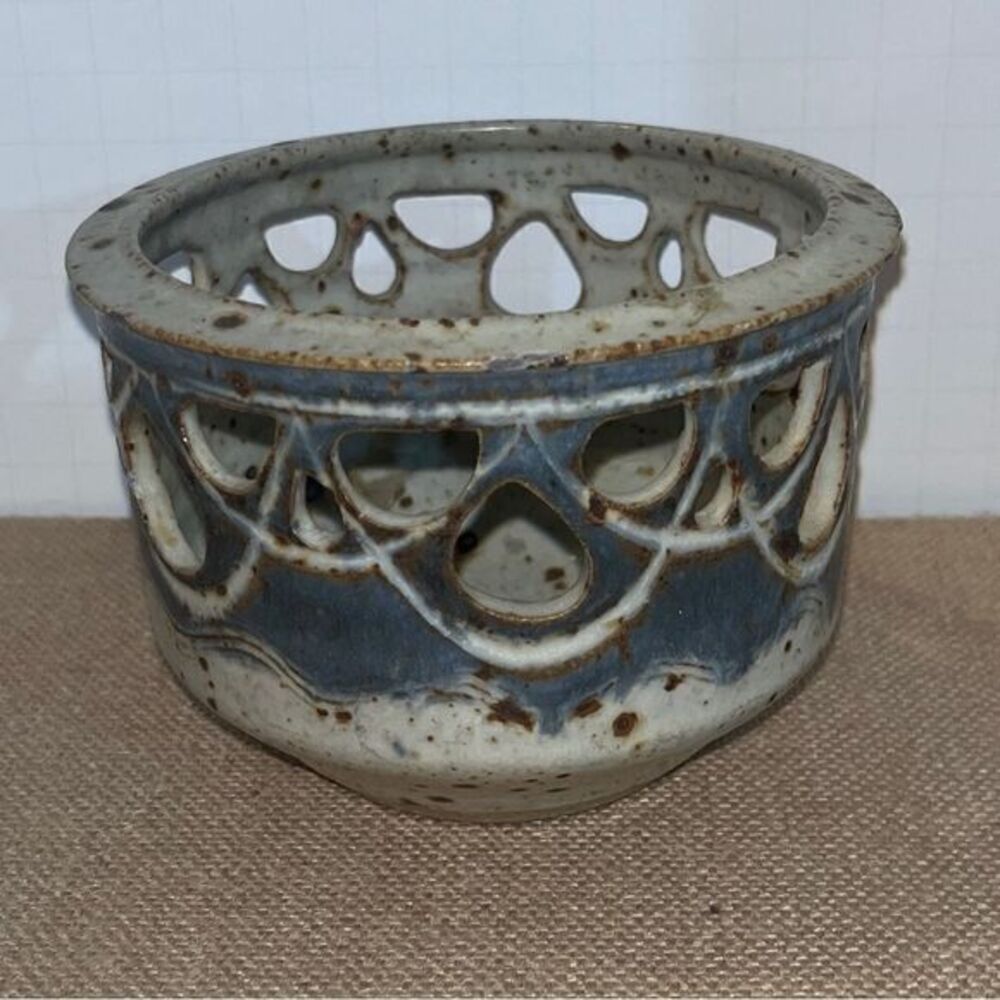 Studio Art Handmade Pottery BOWL with cut outs ~ speckle Signed PM 1978 blue tan